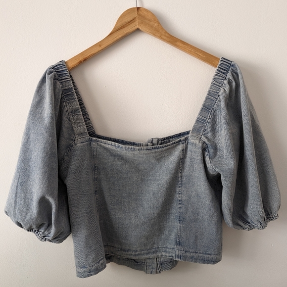 VICI puff-sleeve cropped denim blouse - Picture 4 of 5